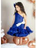 One Shoulder Royal Blue Pleated Tulle Flower Girl Dress
